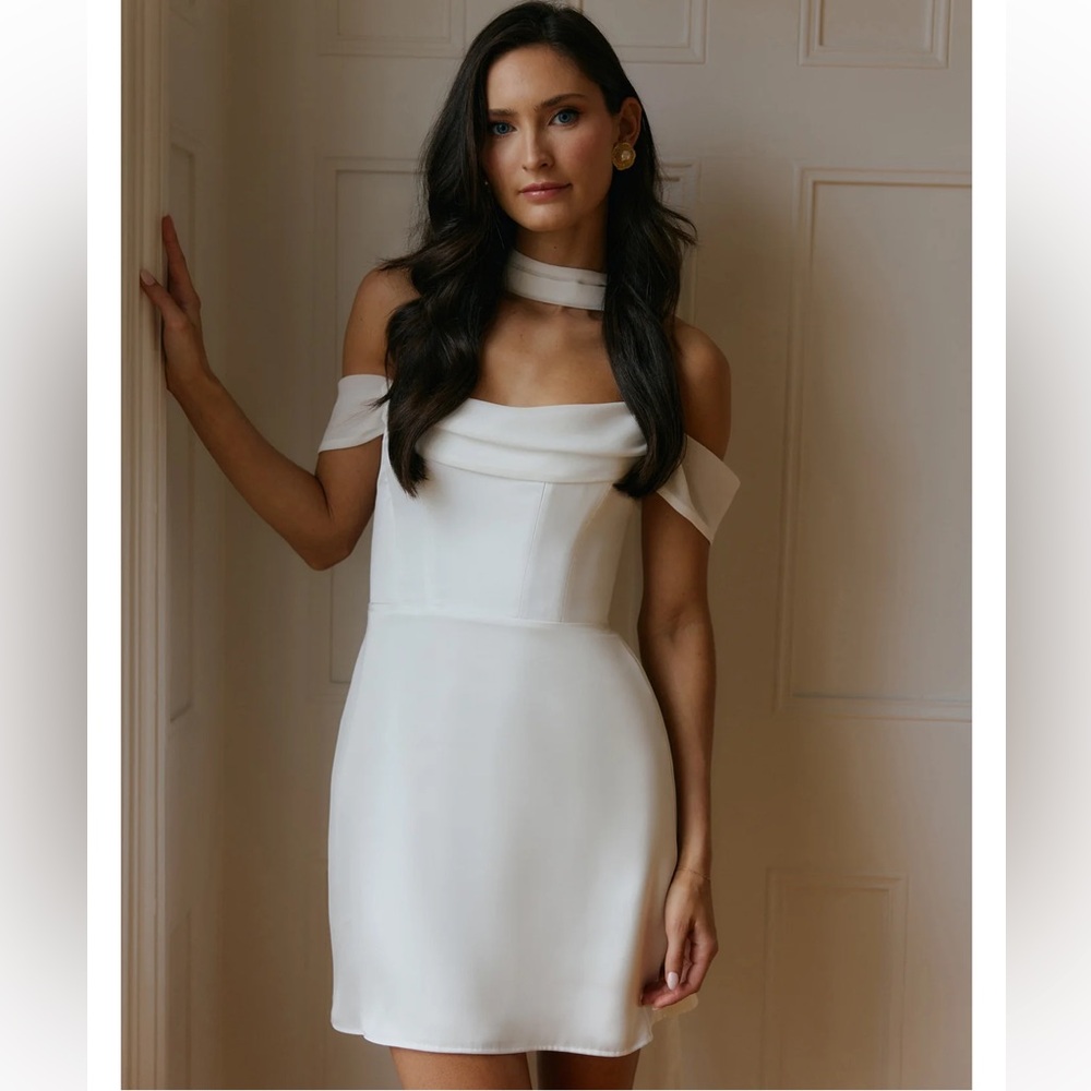 Park & Fifth White Off-Shoulder Mini Wedding Dress